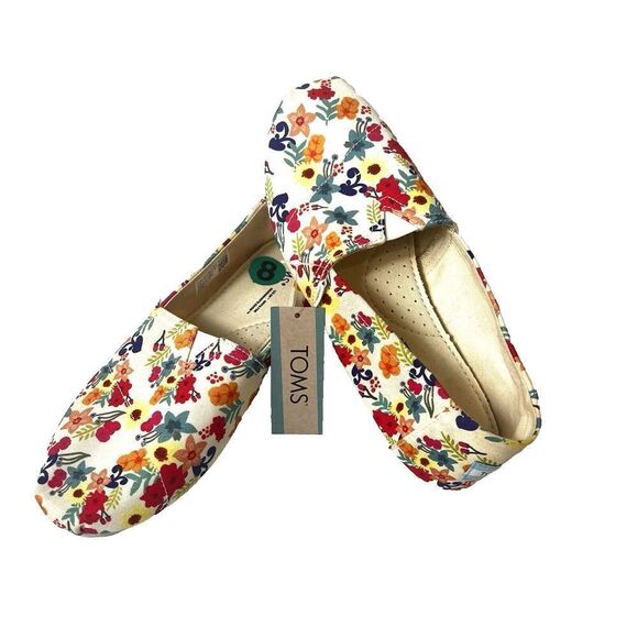 TOMS Shoes Women Size 8 Slip On Comfort Casual Flat Floral Multicolor Fabric New - Picture 1 of 8